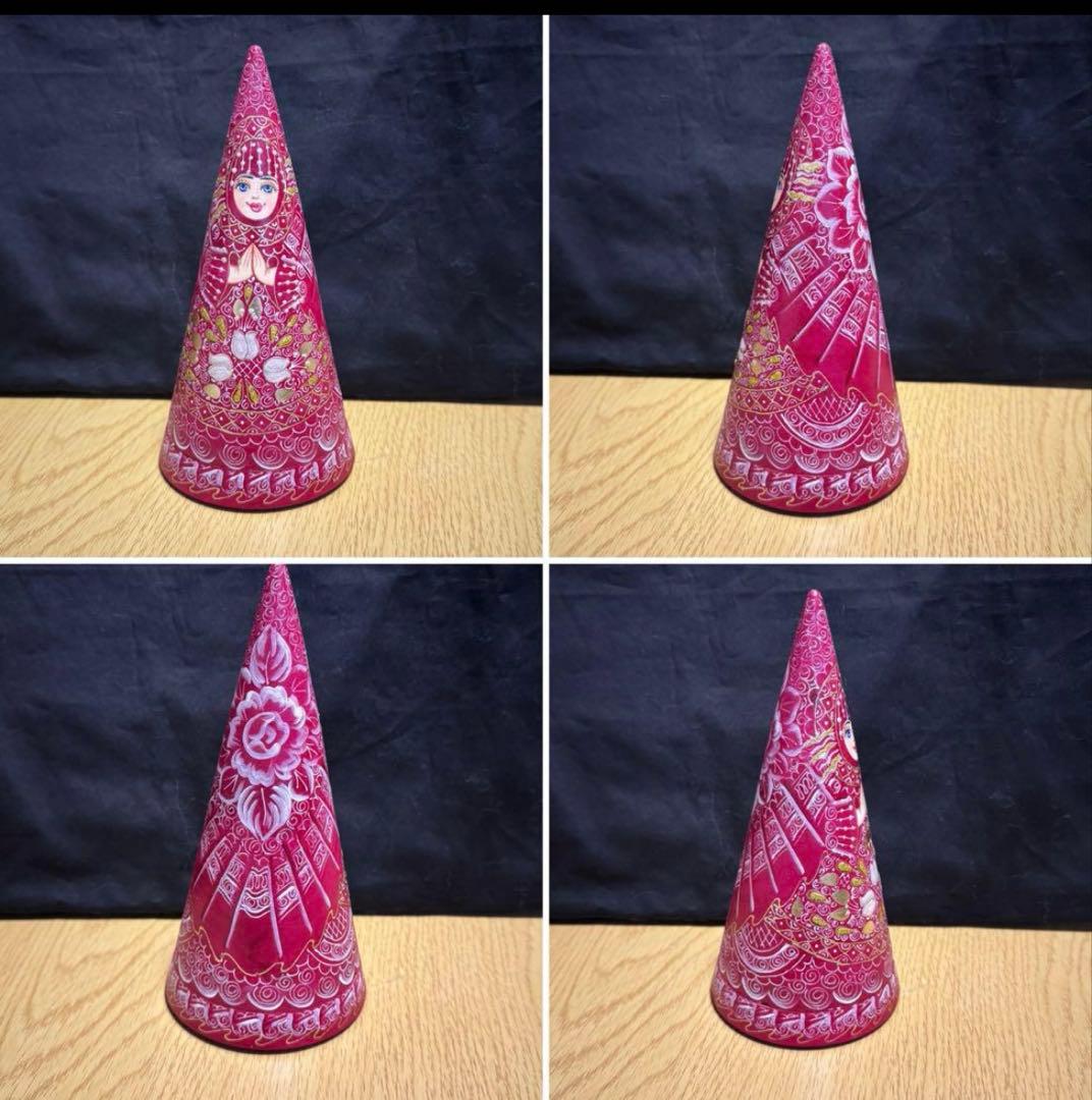 ロシア　アーティスト　えんじ色三角マトリョーシカ　5体、長期保存、現状