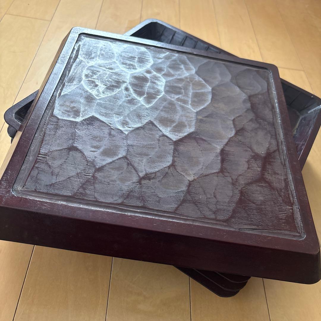 讃岐彫　四方盆　讃岐盆　5枚セット　手彫り 角盆 絵変り 讃岐木地漆