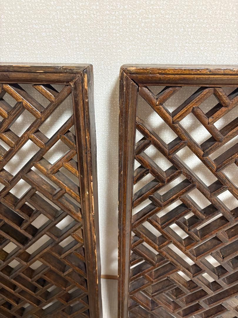 中国アンティーク☆木製建具☆シノワズリ☆欄間☆格子模様☆壁掛け装飾☆2枚セット