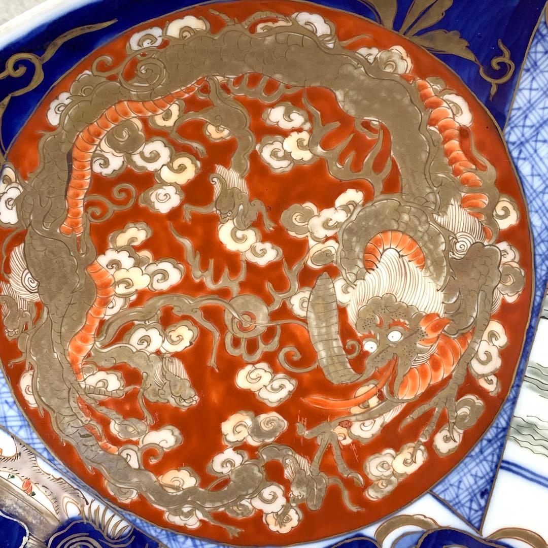 大皿 直径46cm 龍虎 鳳凰 色絵 伊万里 有田 縁起 アンティーク ⑦