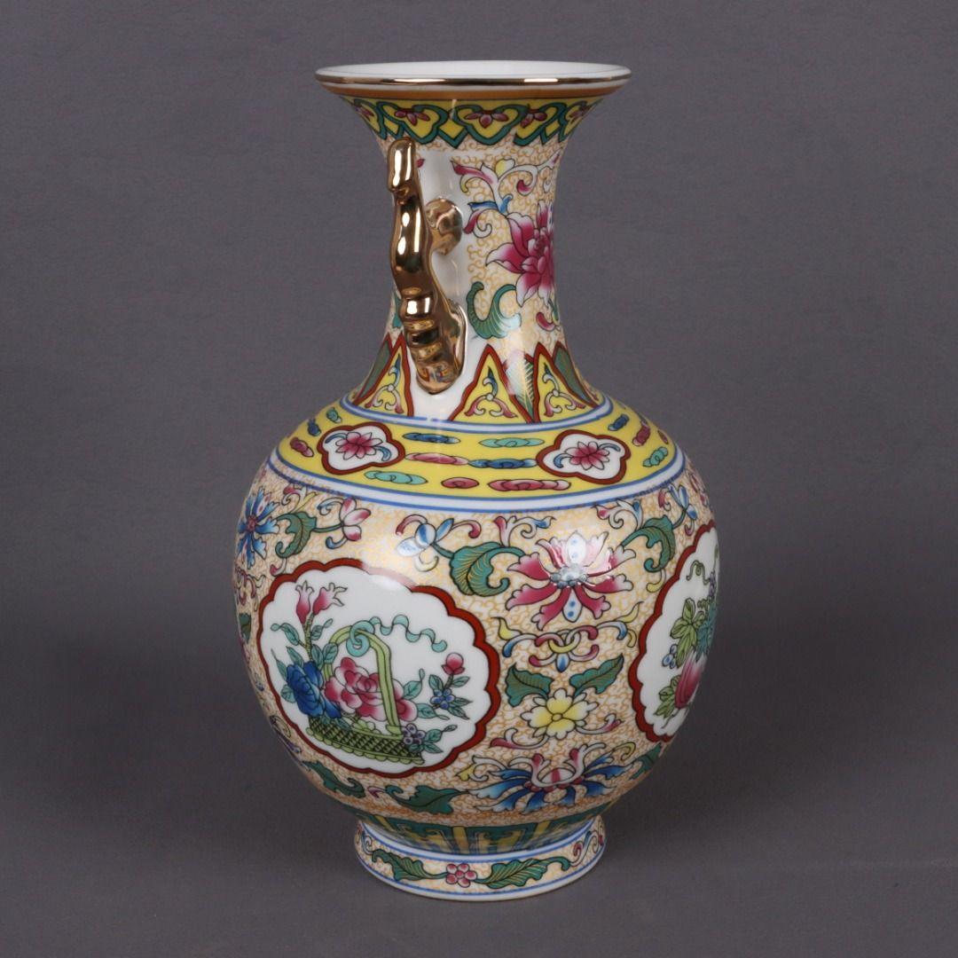 大清乾隆琺瑯彩四季瓜果双耳瓶磁花瓶 景徳鎮 陶磁器 装飾品 現代工芸品美術品置物