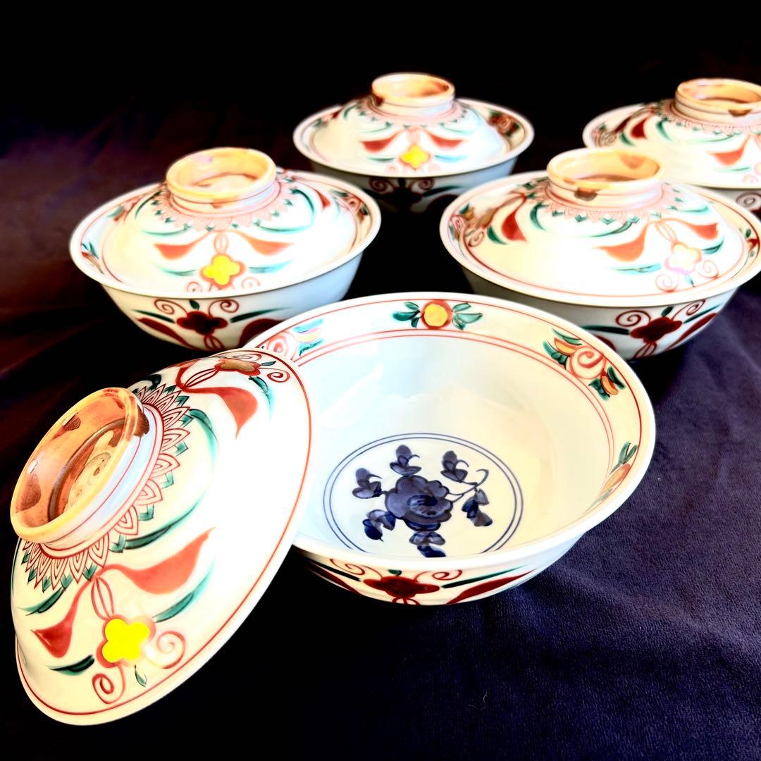 【未使用．美品】清水焼き　 蓋茶碗　蓋付き碗　飯碗　茶碗 色絵 五客 和食器