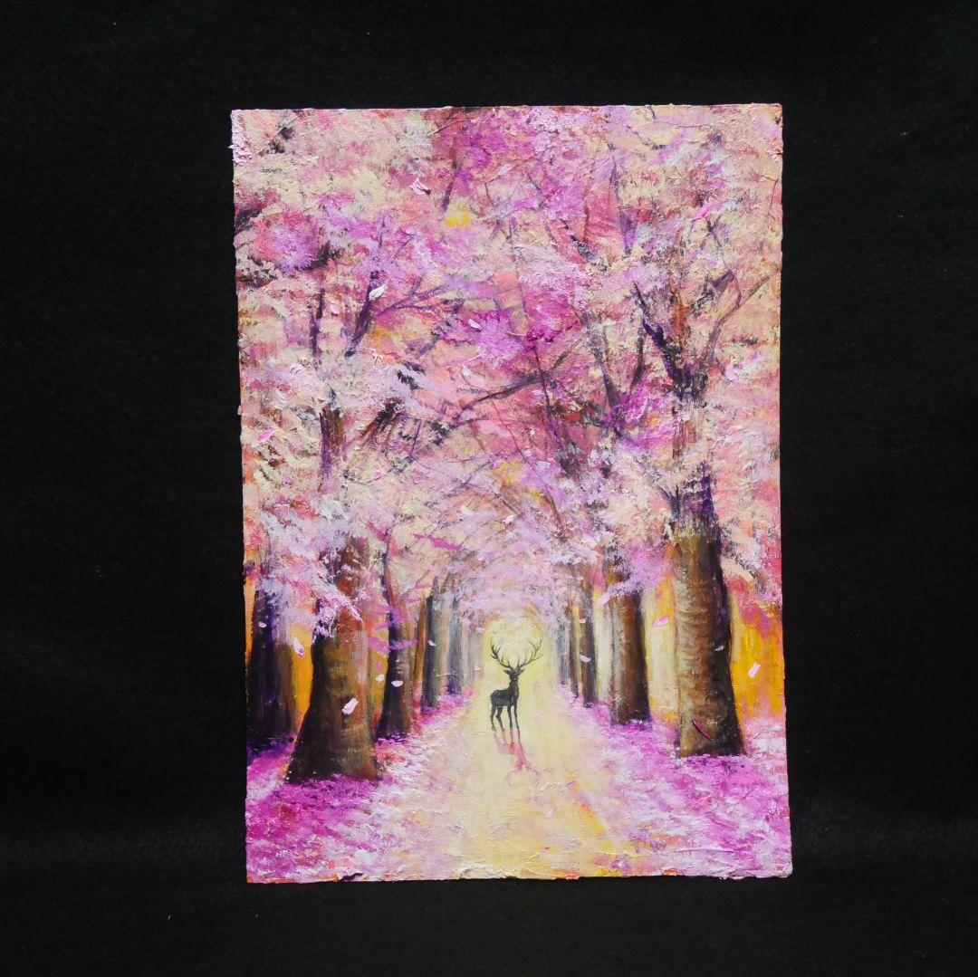 油絵 油彩 油彩画 絵 絵画【春景色の中で桜に立つ鹿】