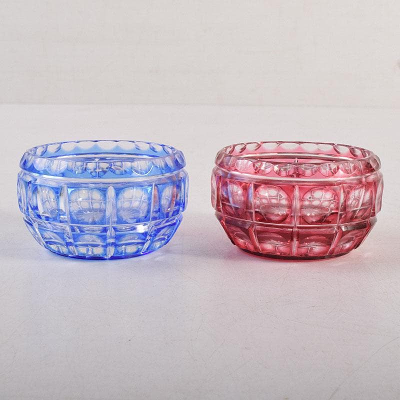 堀口硝子　須田秀石作　江戸切子　玉格子文　小鉢　共箱　2点　D　R8799