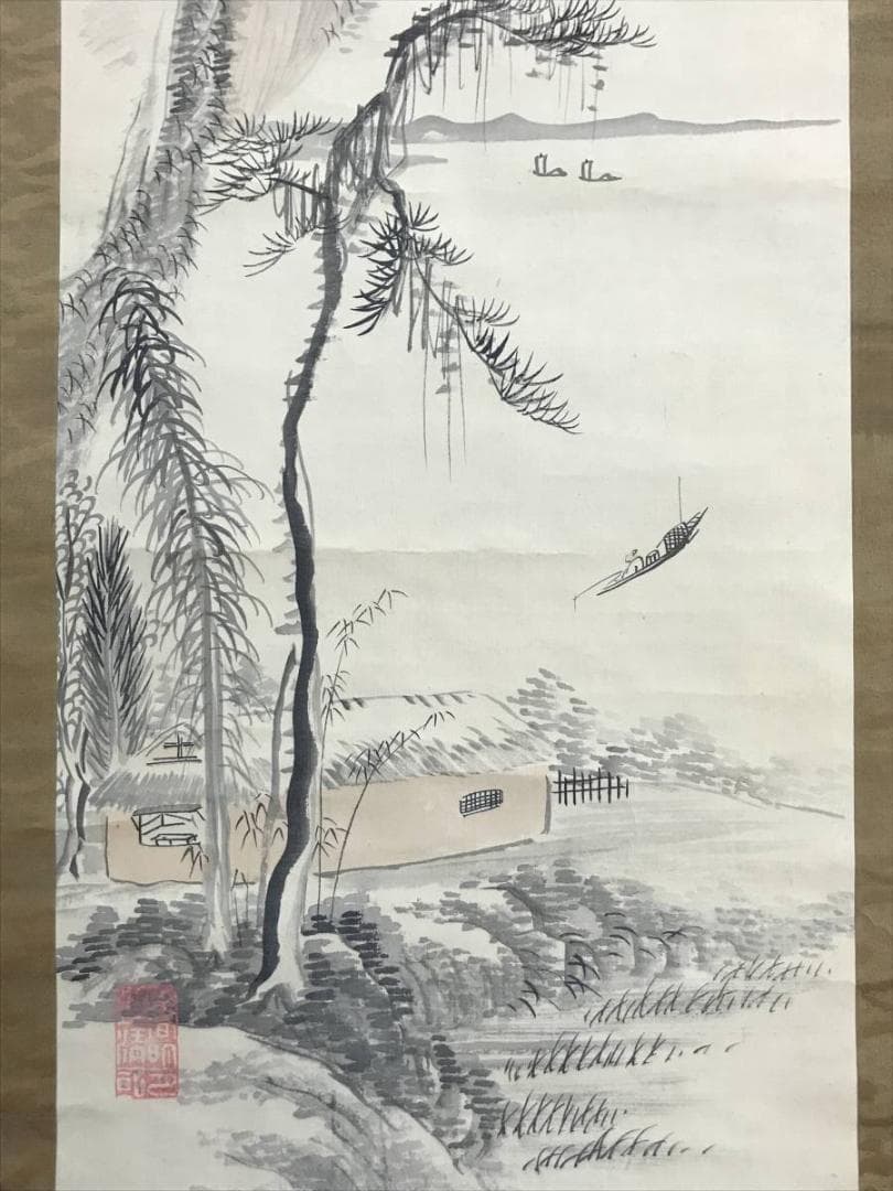 【真作】田能村直入/山水漁舟画賛/山水図/掛軸/名家伝来/AD-125