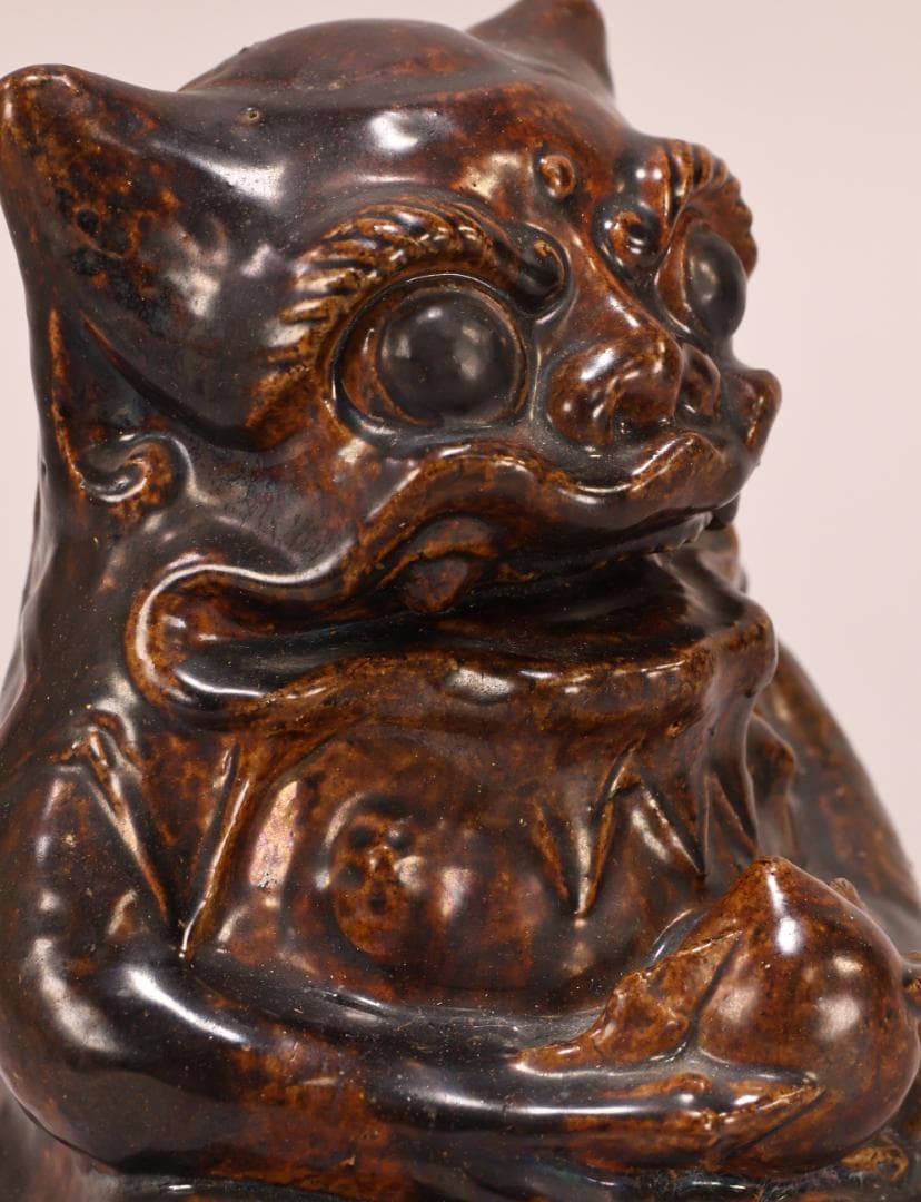 BK400　江戸期　古瀬戸焼　在銘あり　飴釉薬　鬼置物　魔除　風水