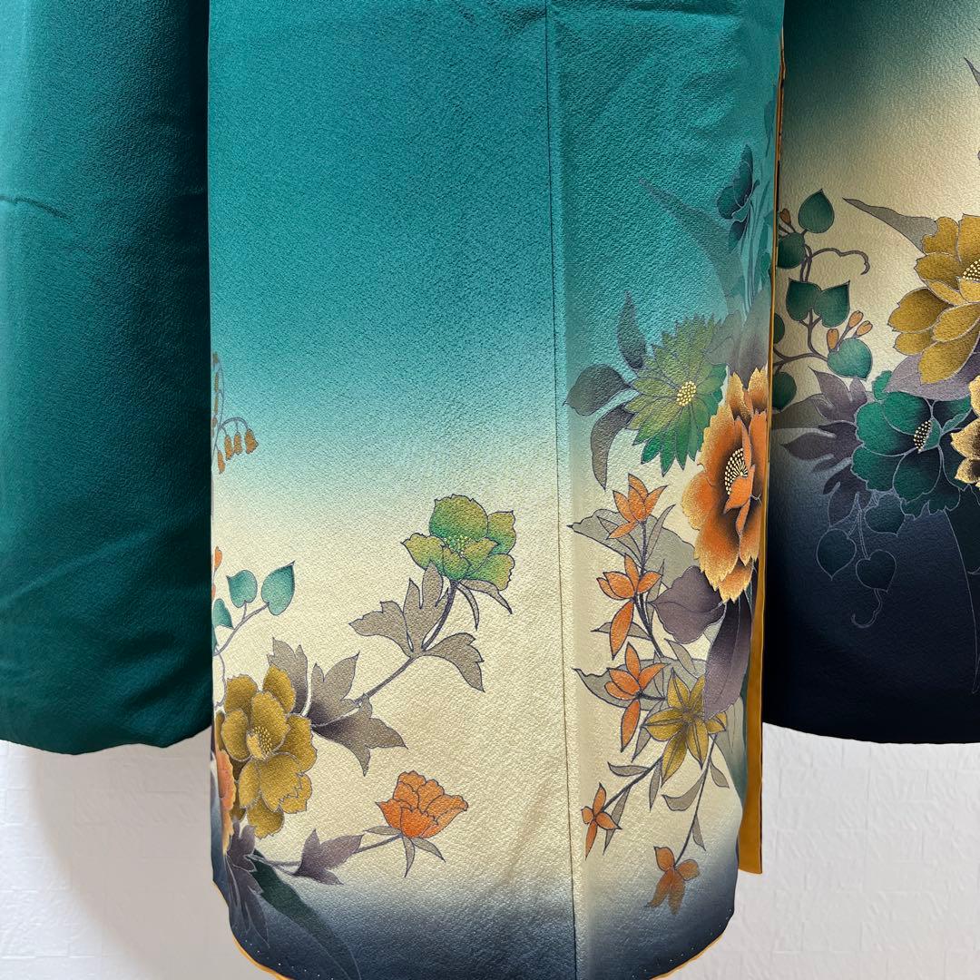488 振袖フルセット 正絹 深緑 グリーン 金彩 暈し染め シック シンプル