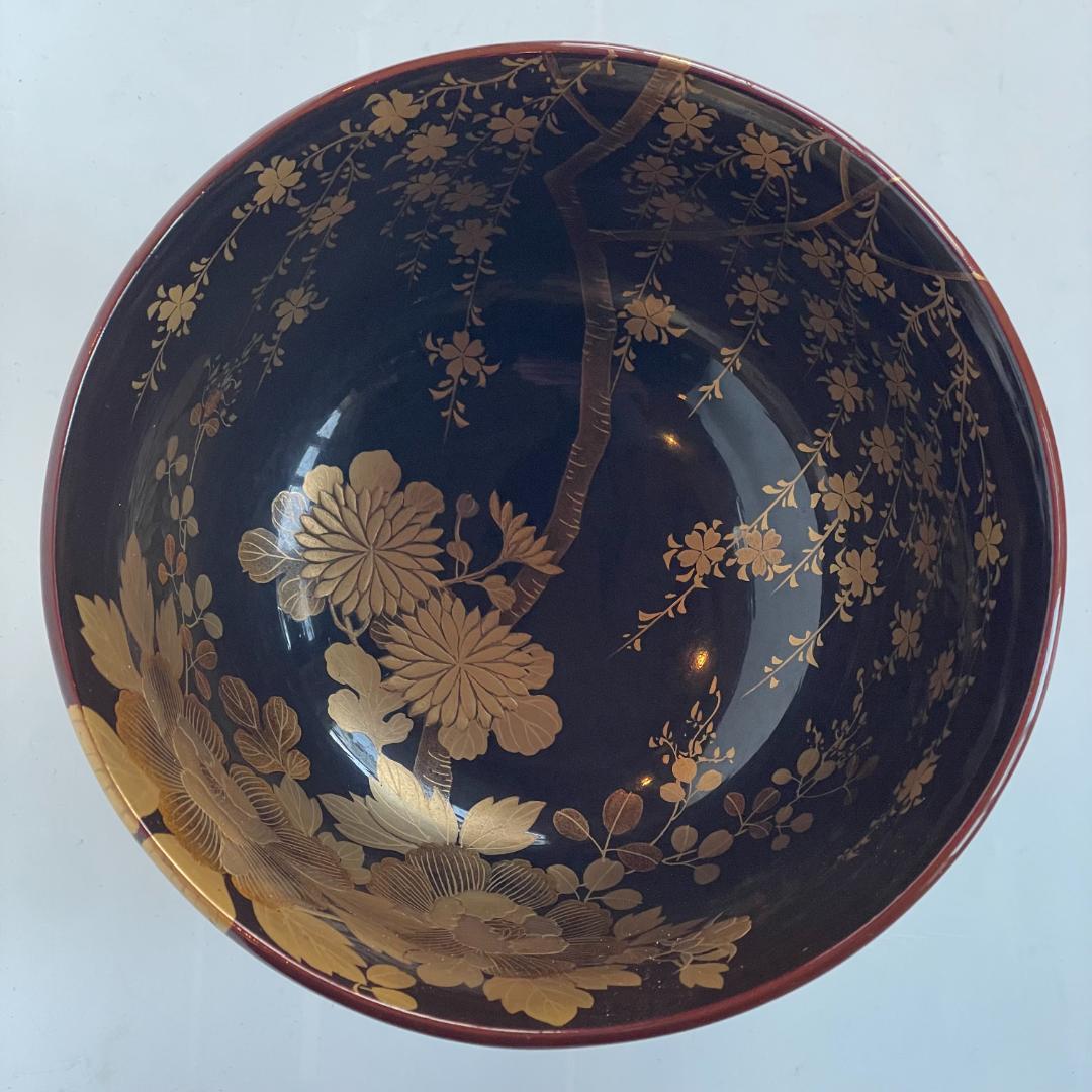 時代 金蒔絵 螺鈿 盃洗 漆 大茶椀 枝垂れ桜 さくら 菊 椿 美品