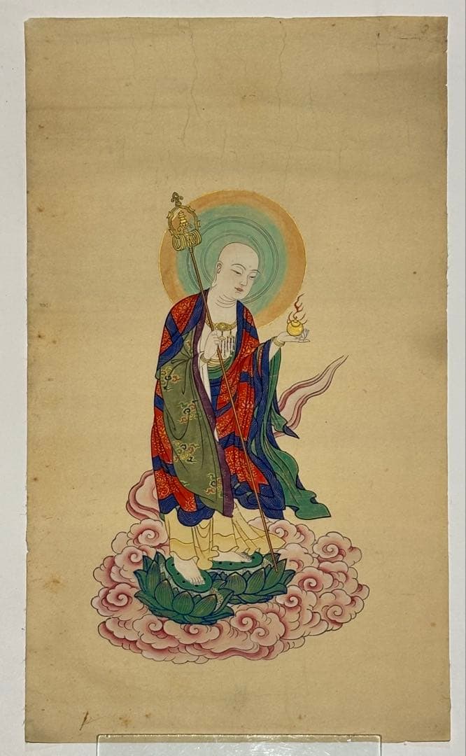 「極彩色木版画 地蔵菩薩像」江戸時代 木版図 1枚|仏教美術 仏像 和本