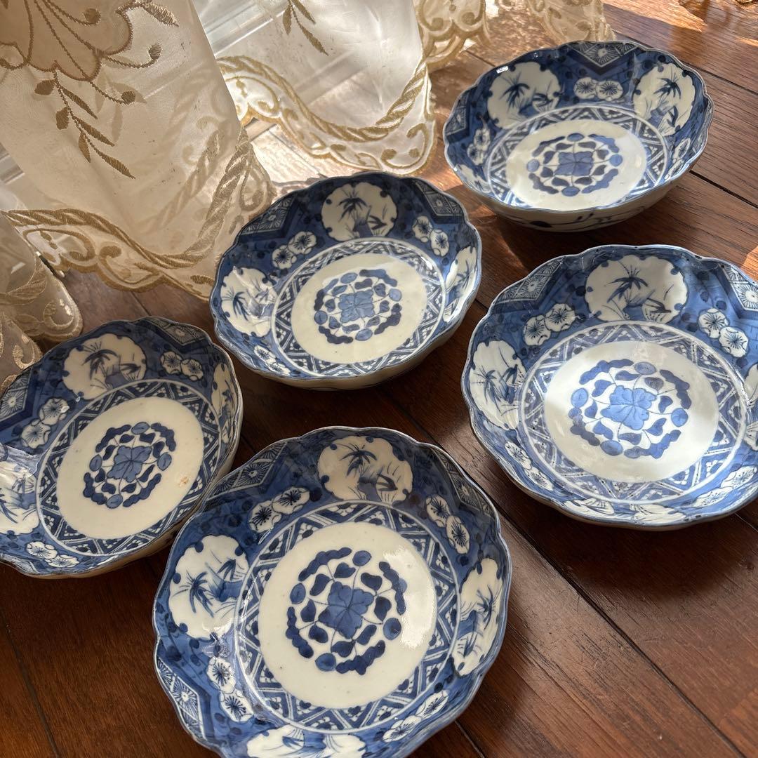 期間限定最終処分特価逸品古伊万里染付なます皿五枚吉祥柄大きめ味わい深いお品物傷無