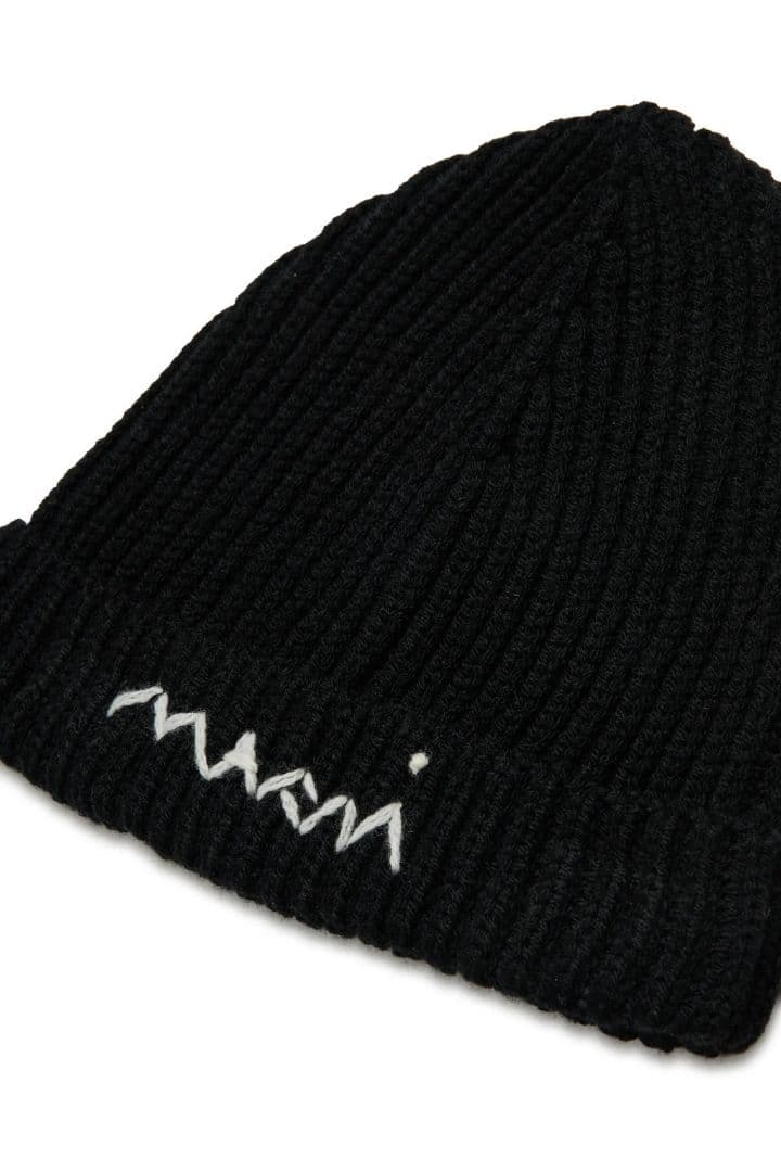 大人もOK! Marni マルニ . 刺繍ロゴ リブ ニット帽 ニットキャップ