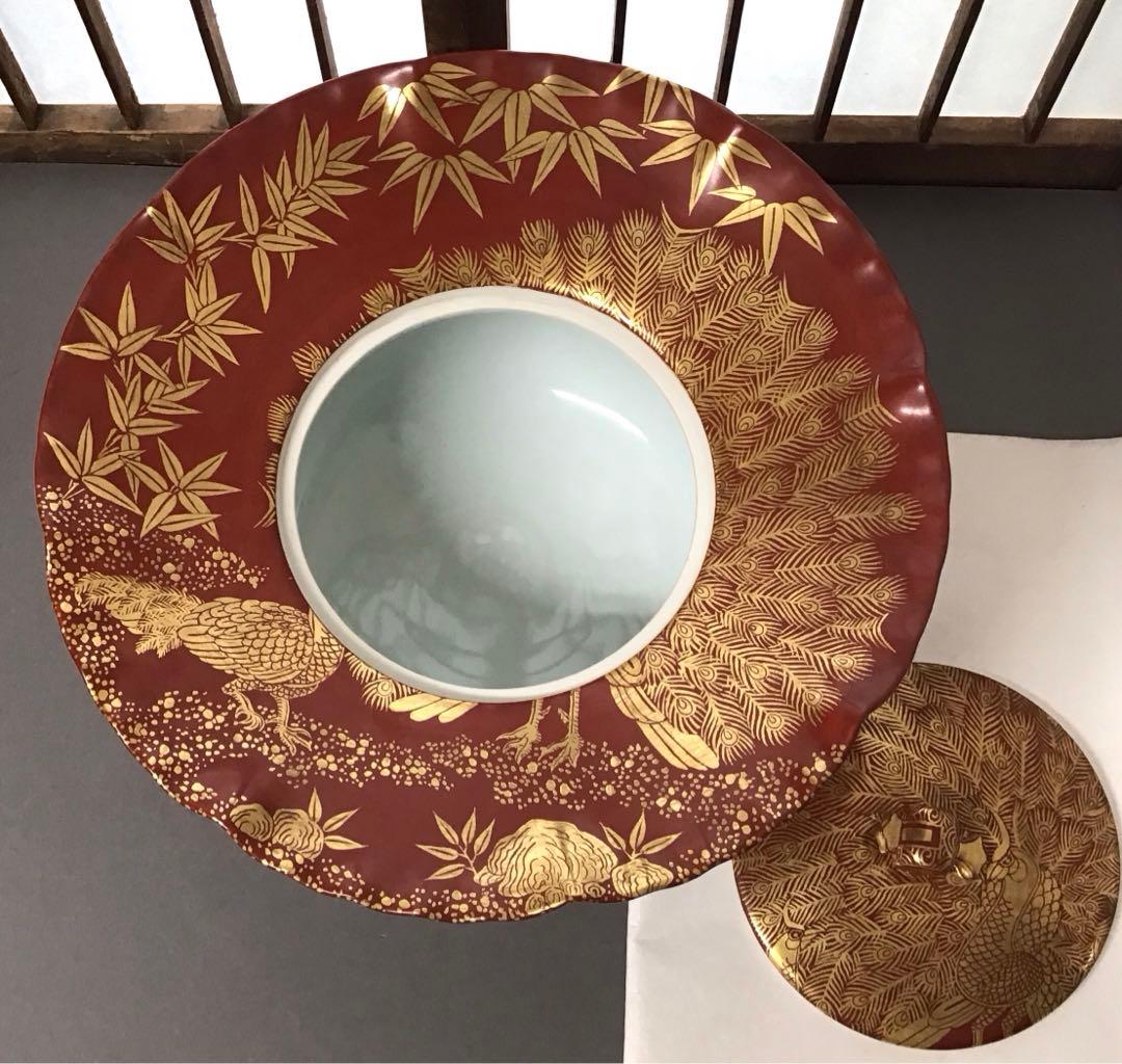 茶道具 水指 砂金袋 金襴手孔雀 桐竹 林 淡幽 造 共箱 Ｎ89a