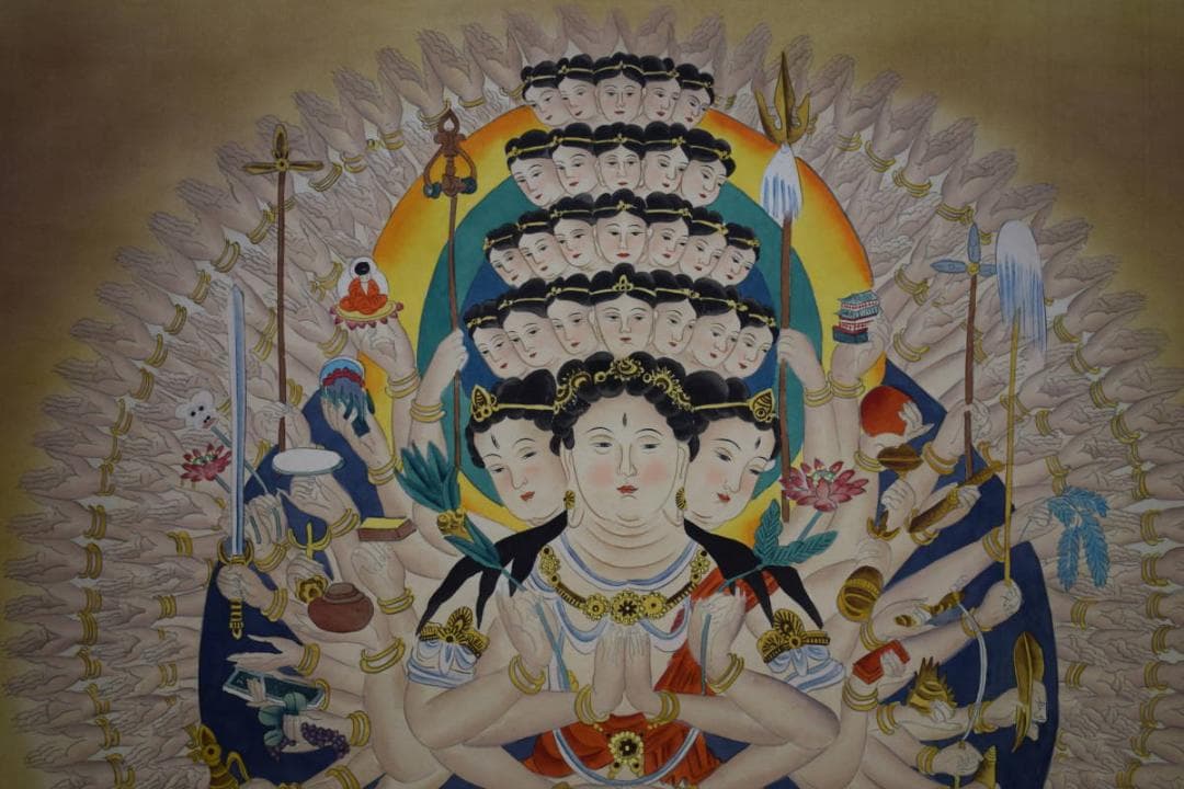 真作/秋庭/千手観音菩薩図/布袋屋掛軸HE-566
