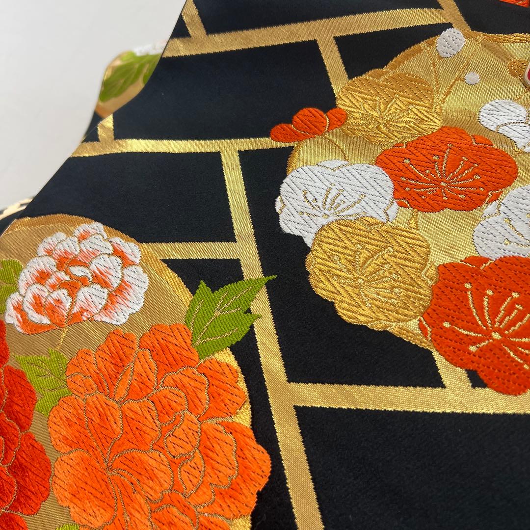 445 振袖フルセット 正絹 クリーム 橙 黒 金彩 駒刺繍 豪華 レトロ 古典