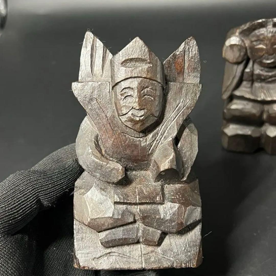 時代物 木彫 恵比寿大黒 一対｜縁起物 商売繁盛 福神 置物◎古道具庵々