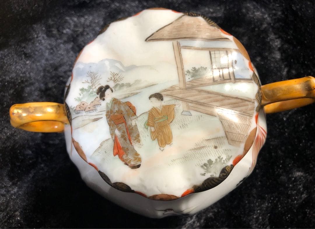 九谷焼 金襴手飾鉢 金彩色絵　人物風景図鉢 明治期 西田銘　古美術 骨董