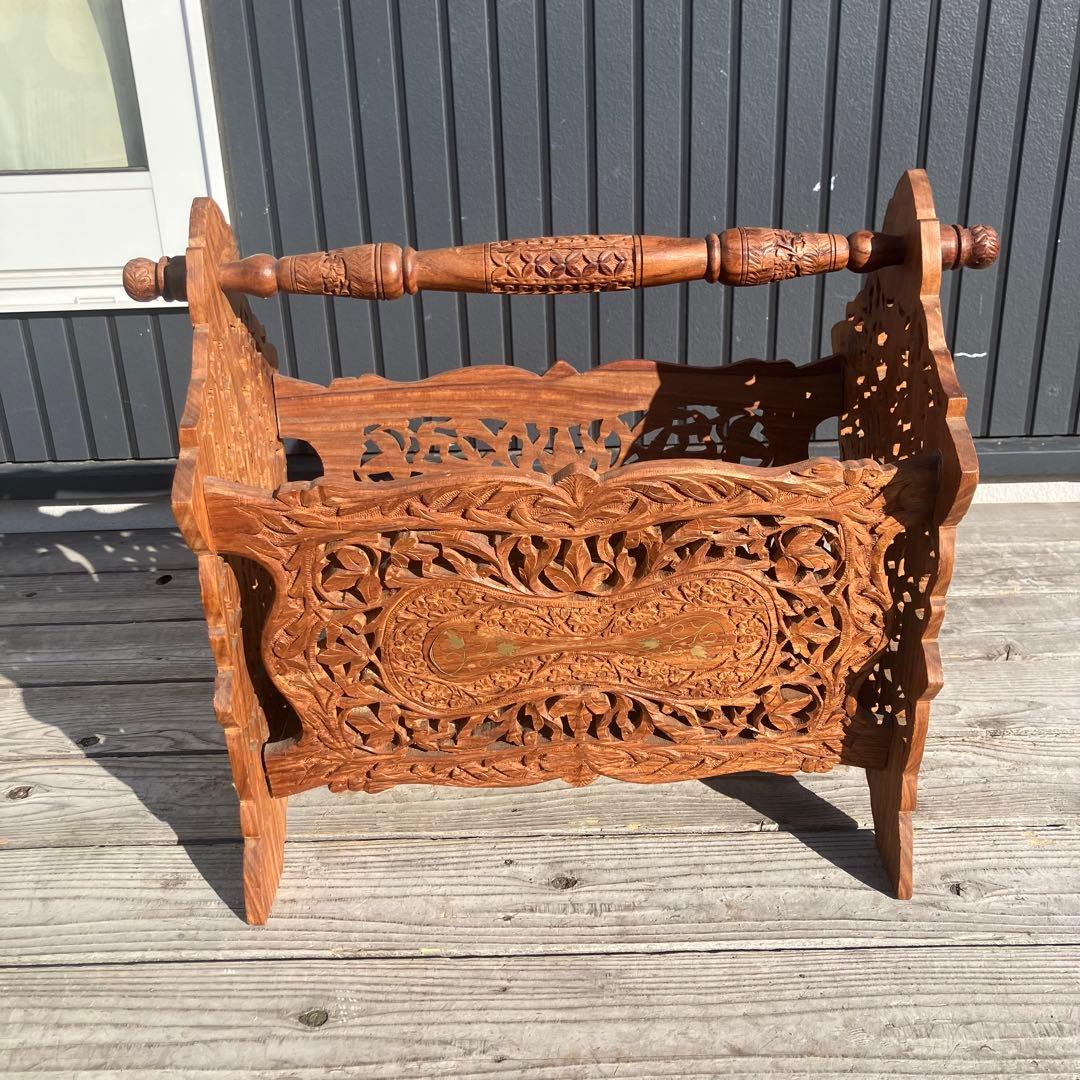 アンティーク 象嵌細工 彫刻 木製マガジンラック レトロ ビンテージヴィンテージ