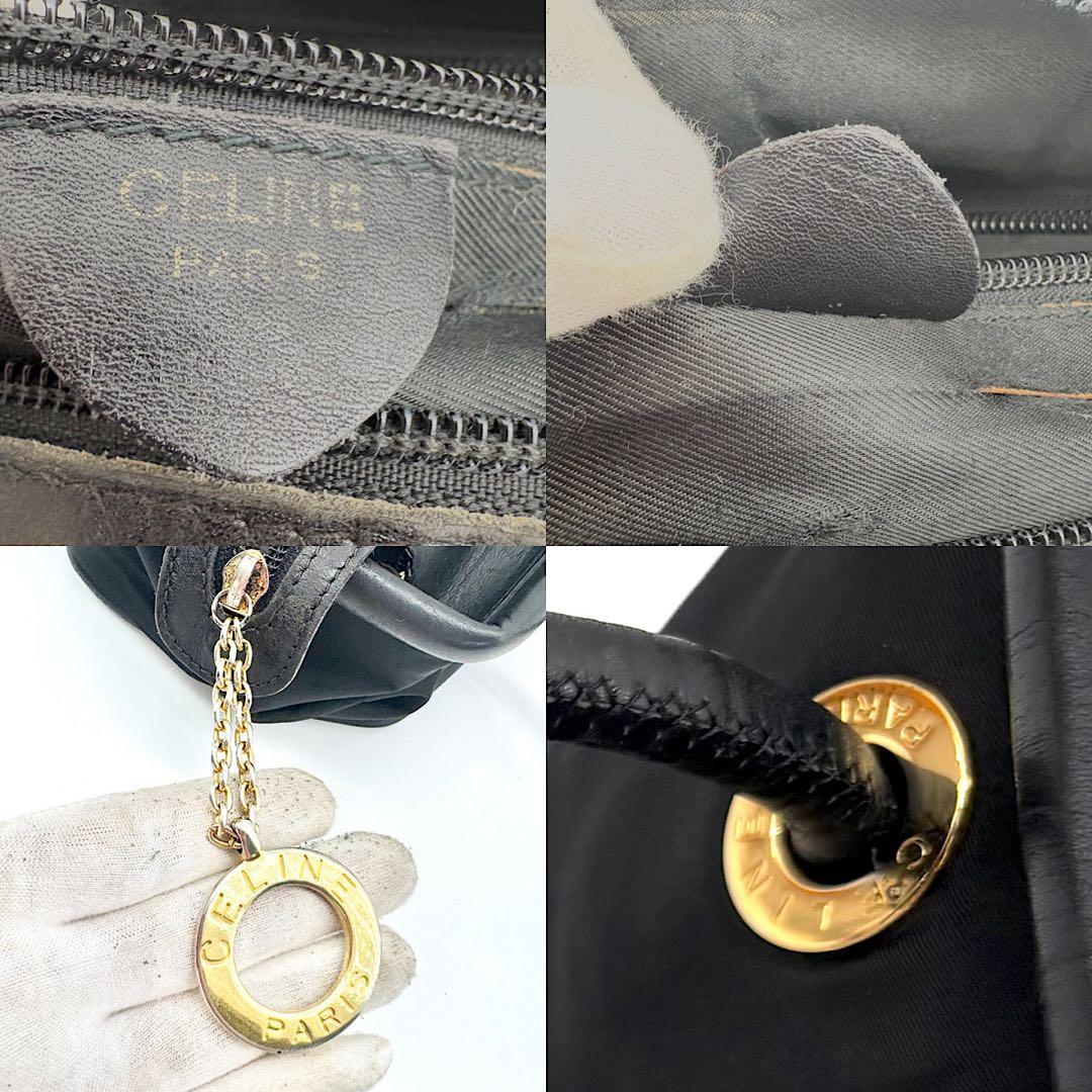 CELINE　ハンドバック　黒　ナイロン　サークル金具　スクエア　レザー