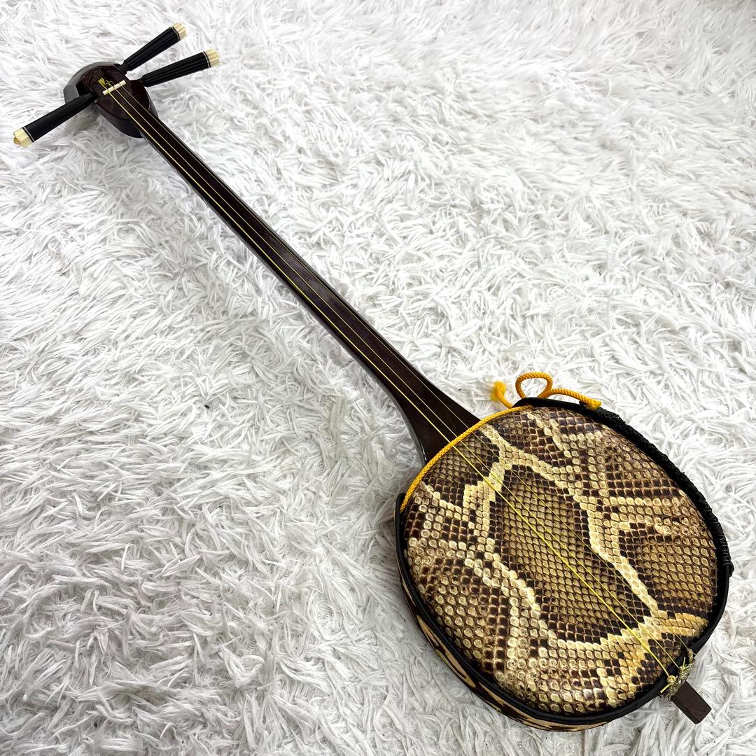 ✨極美品✨沖縄 三線 本蛇革 強化張り 黒塗り棹 ハードケース 爪 本蛇皮