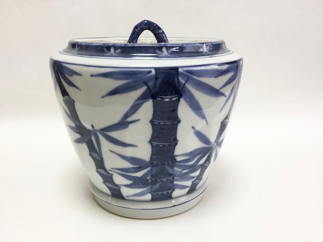 茶道具 古物品 水指 染付 竹の絵 玉堂 木箱入