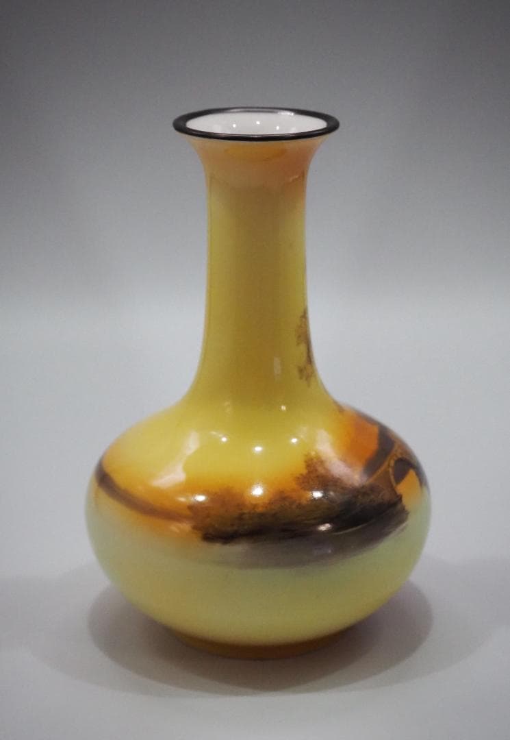 明治期里帰りノリタケM-JAPAN印 HANDPAINTED 湖夕焼け風景花瓶
