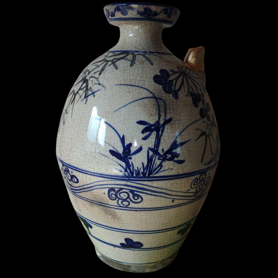 越後大久保焼　四君子染付水注　希少品　明治美術　金継ぎ