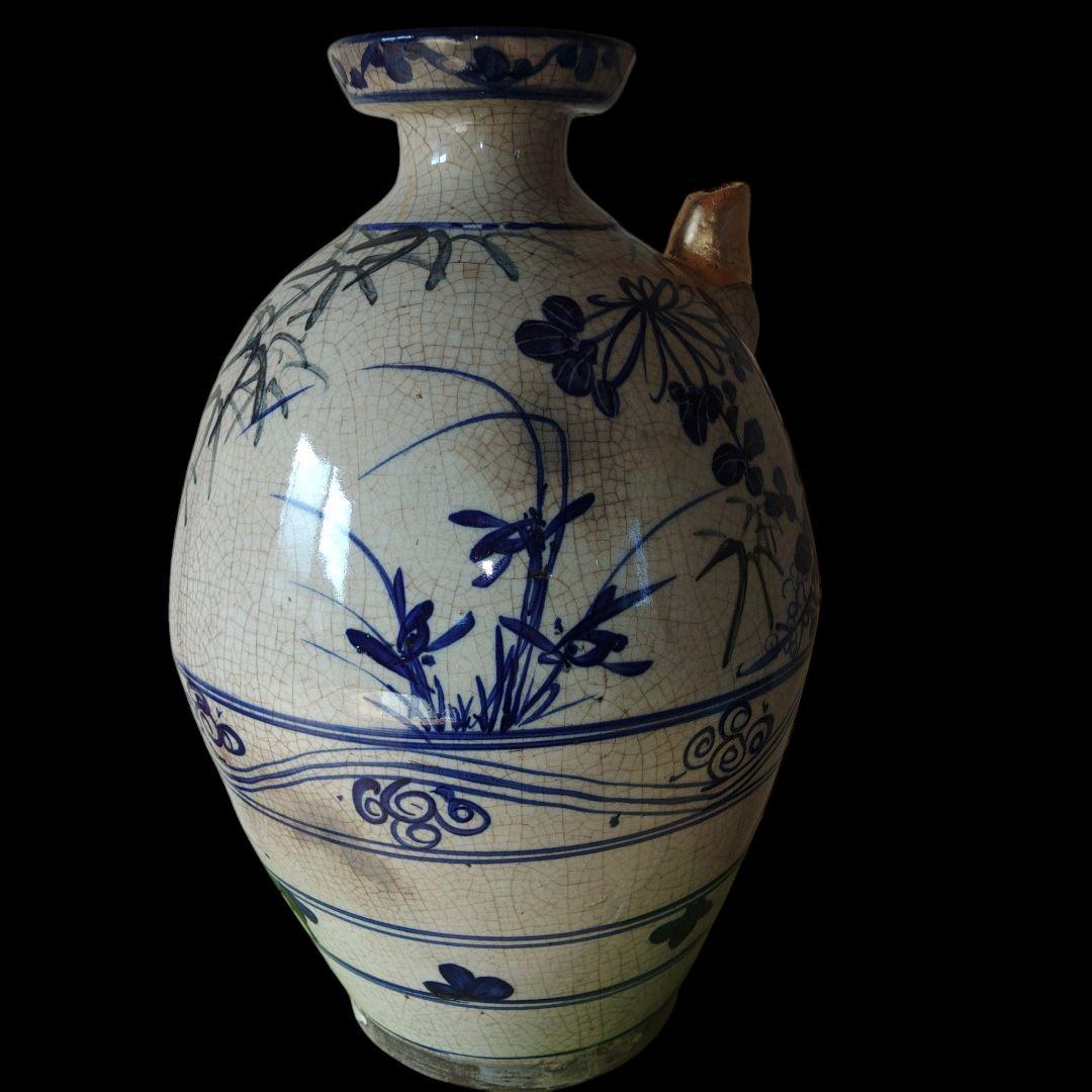 越後大久保焼　四君子染付水注　希少品　明治美術　金継ぎ