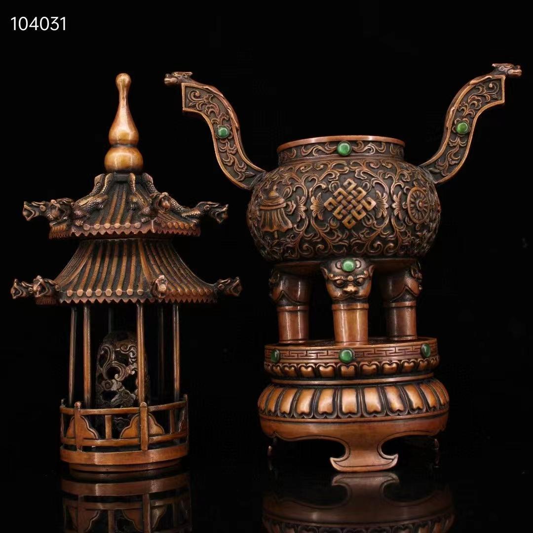 中国古美術·純銅製·純手作り·宝石をはめ込み塔形香炉·風水鎮宅·置物·細密彫
