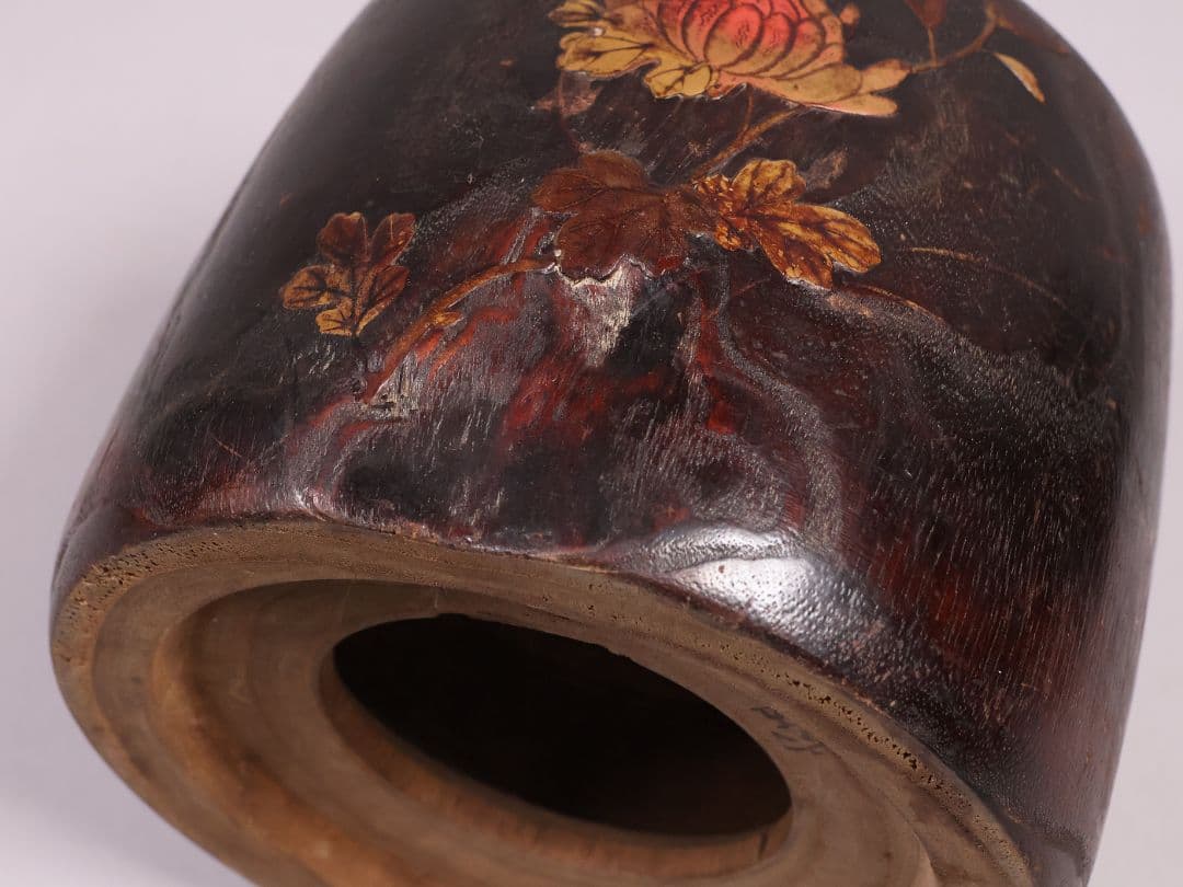 古い 桐火鉢一対 菊蒔絵 小さめ 手あぶり 6.5号 高さ15.3cm【MB30