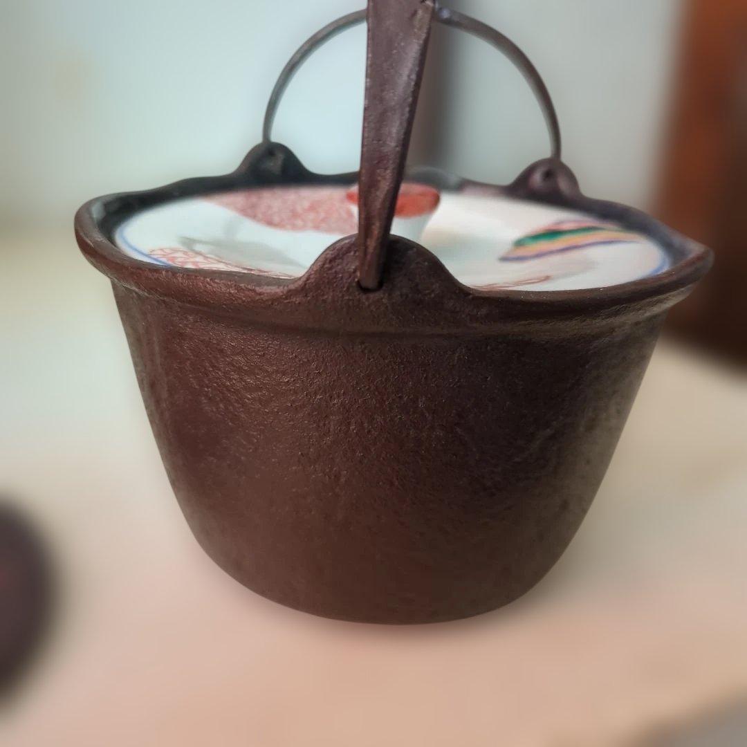 骨董　燗鍋　燗付　鋳鉄製　替蓋　酒器　茶道具　陶器蓋付き