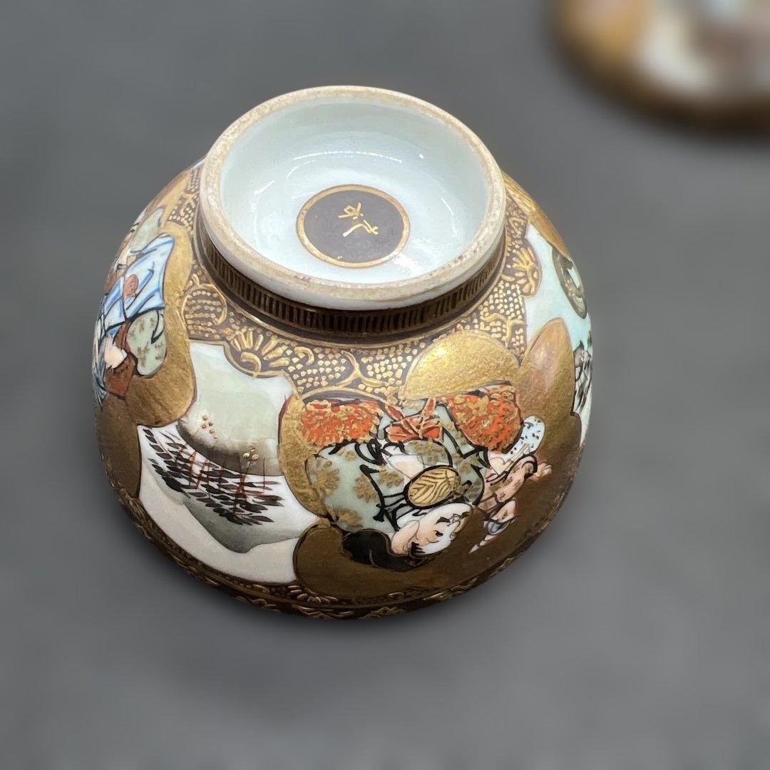 明治時代　金彩山水人物画九谷焼煎茶器セット　宝瓶１点　湯呑み３点まとめて煎茶道具