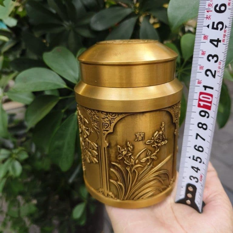 銅 細工 梅蘭竹菊茶缶 密封貯蔵缶 茶道工芸品 置物