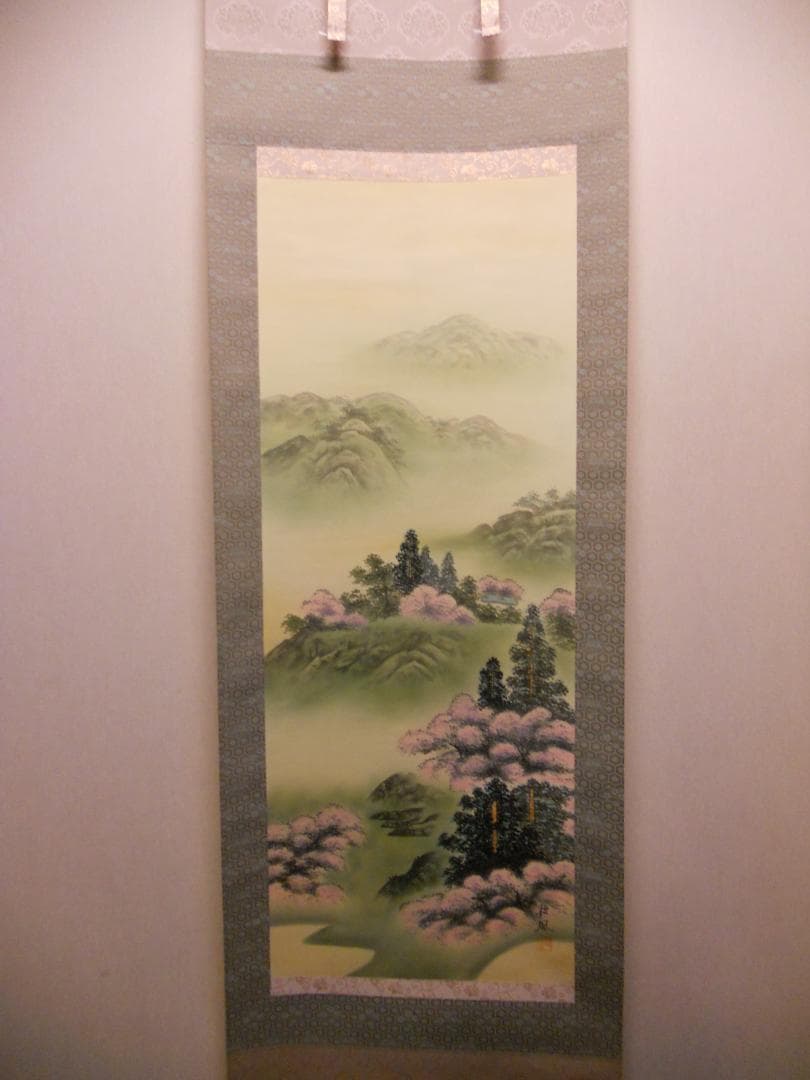 掛け軸 竹内松風 桜花山景 絹本 希少 軸装 茶道具 掛軸 美品 です。