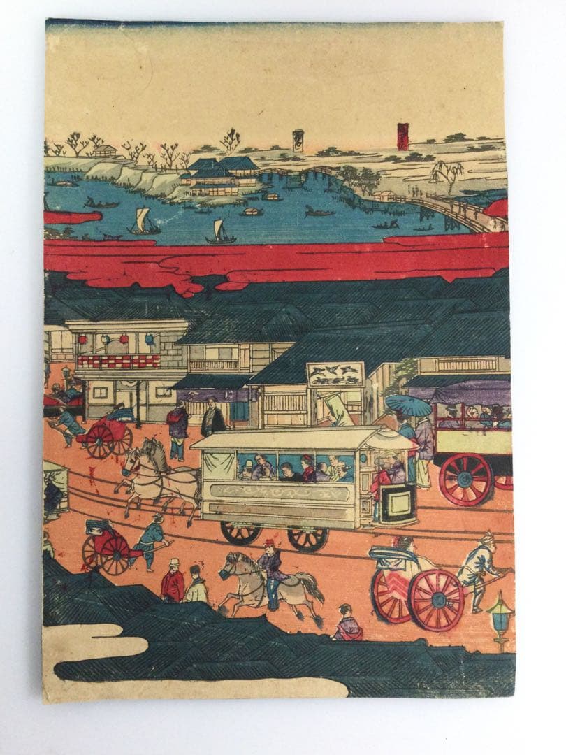 版画 東京浅草金龍山並ニ鉄道馬車繁栄之図 栄斎重清画 明治十五年 T795