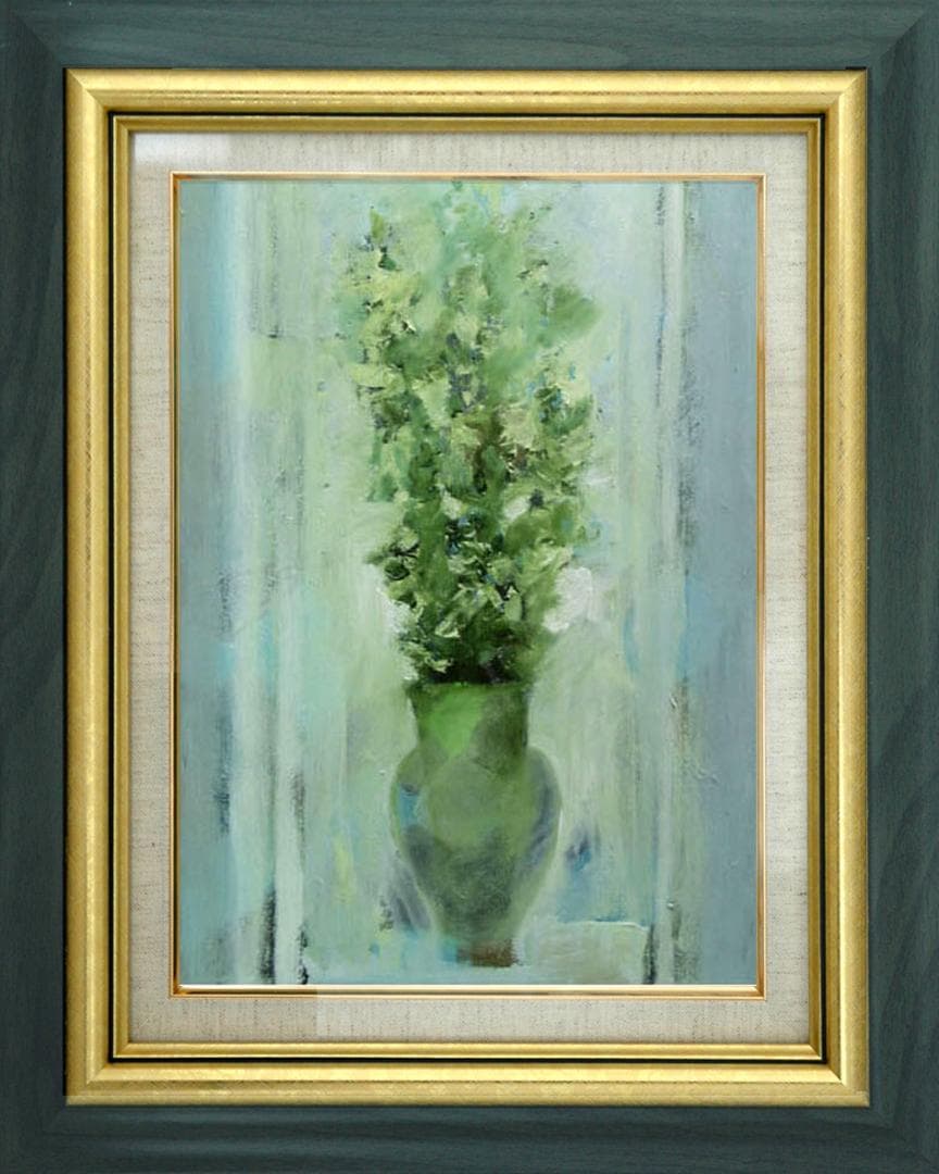 油絵 菅家令子 絵 絵画インテリア 額付(青緑＋金色の枠)uF6-111702花