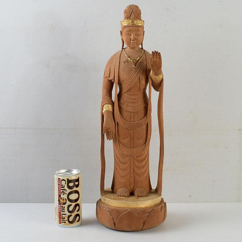 仏教美術　芳正作　木彫塗金　観音立像　仏像　置物　V　9405