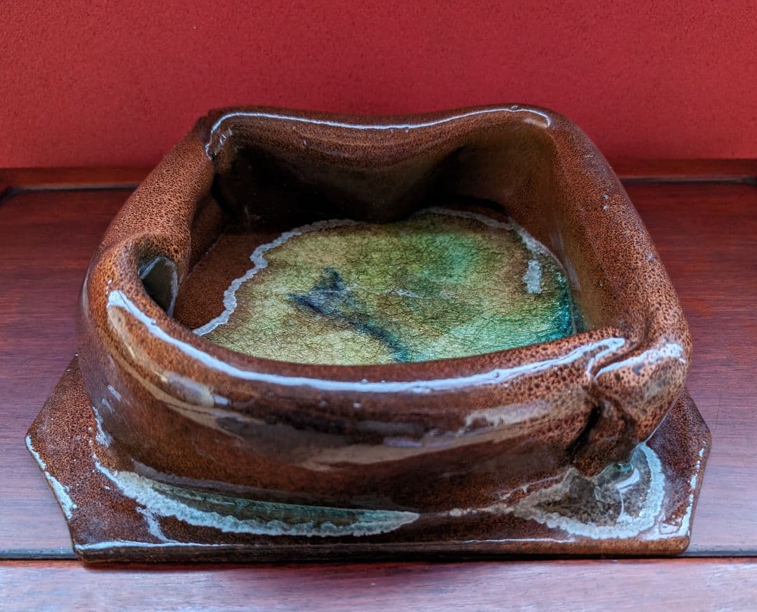 【高光一生】 陶芸 灰皿 オブジェ 花生 茶 緑青 神の子池