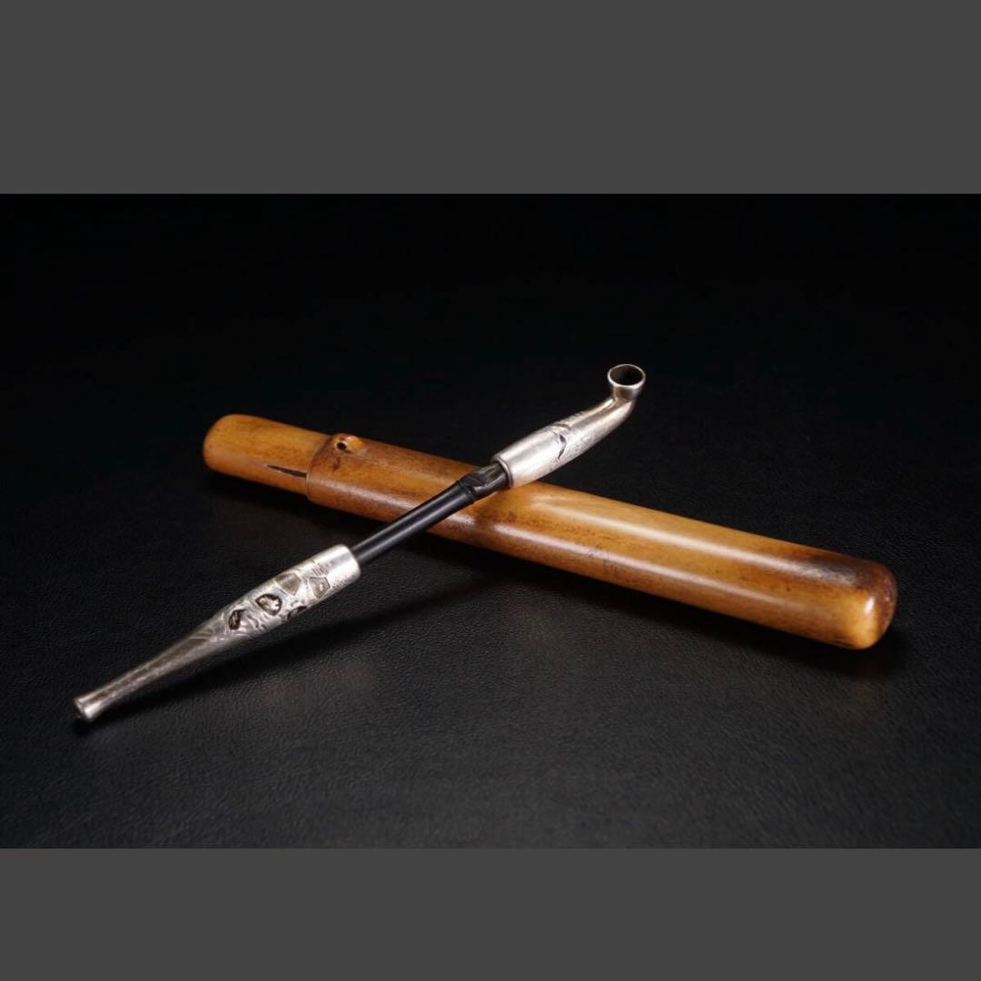 銀細工 金工 正則 象嵌入 銀製煙管 煙管筒 提げ物 根付 彫刻 骨董品 キセル