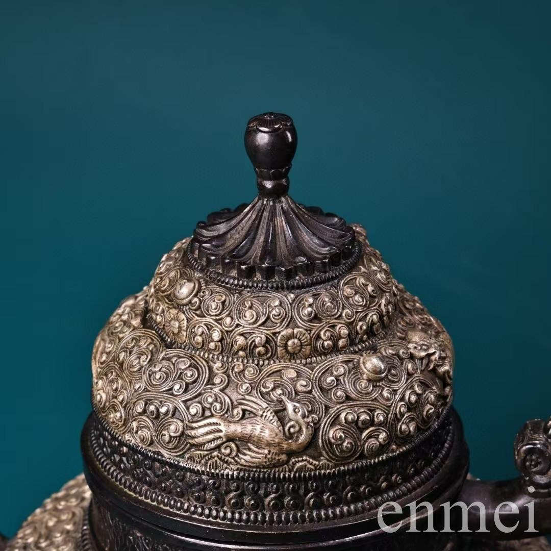 中国古美術・チベット収蔵・純銅鍍銀「吉祥八宝」バター茶壺・純手作り・急須・茶壺