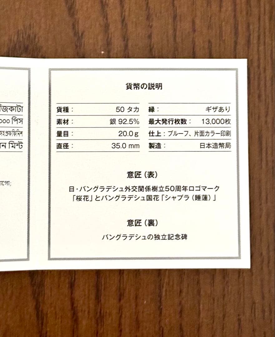ピ*ぎ様 【美品】日本バングラデシュ 外交関係樹立50周年記念50タカプルーフ貨