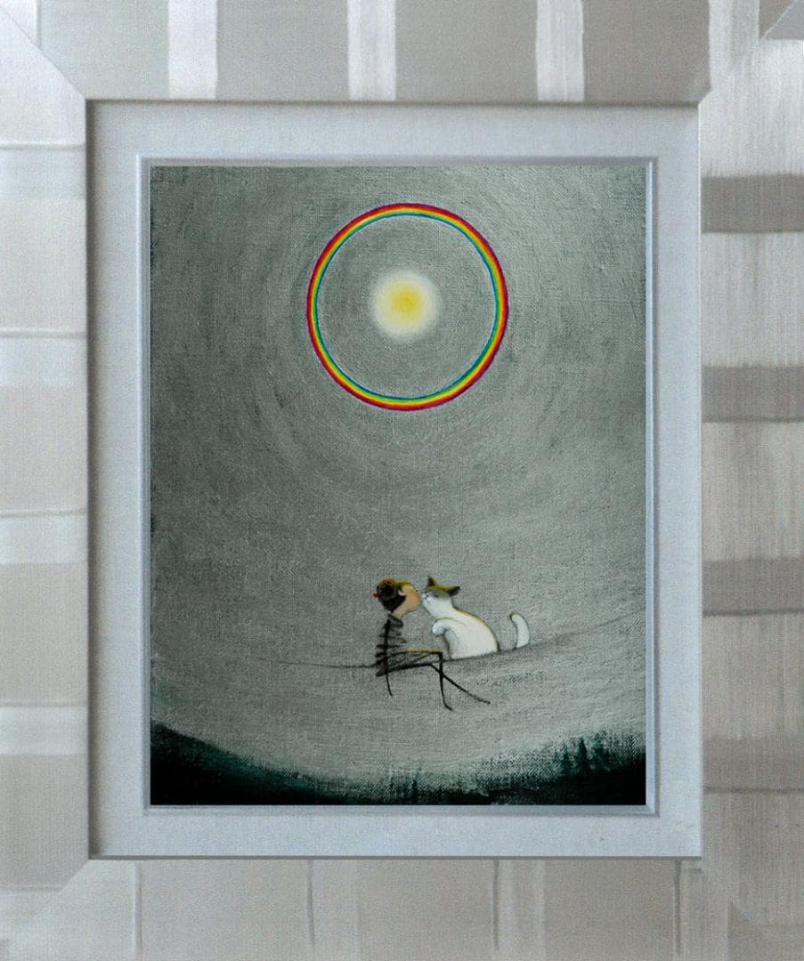 油絵 菅家令子 絵 絵画 インテリア 額付(黒) F3-031019子猫と女の子