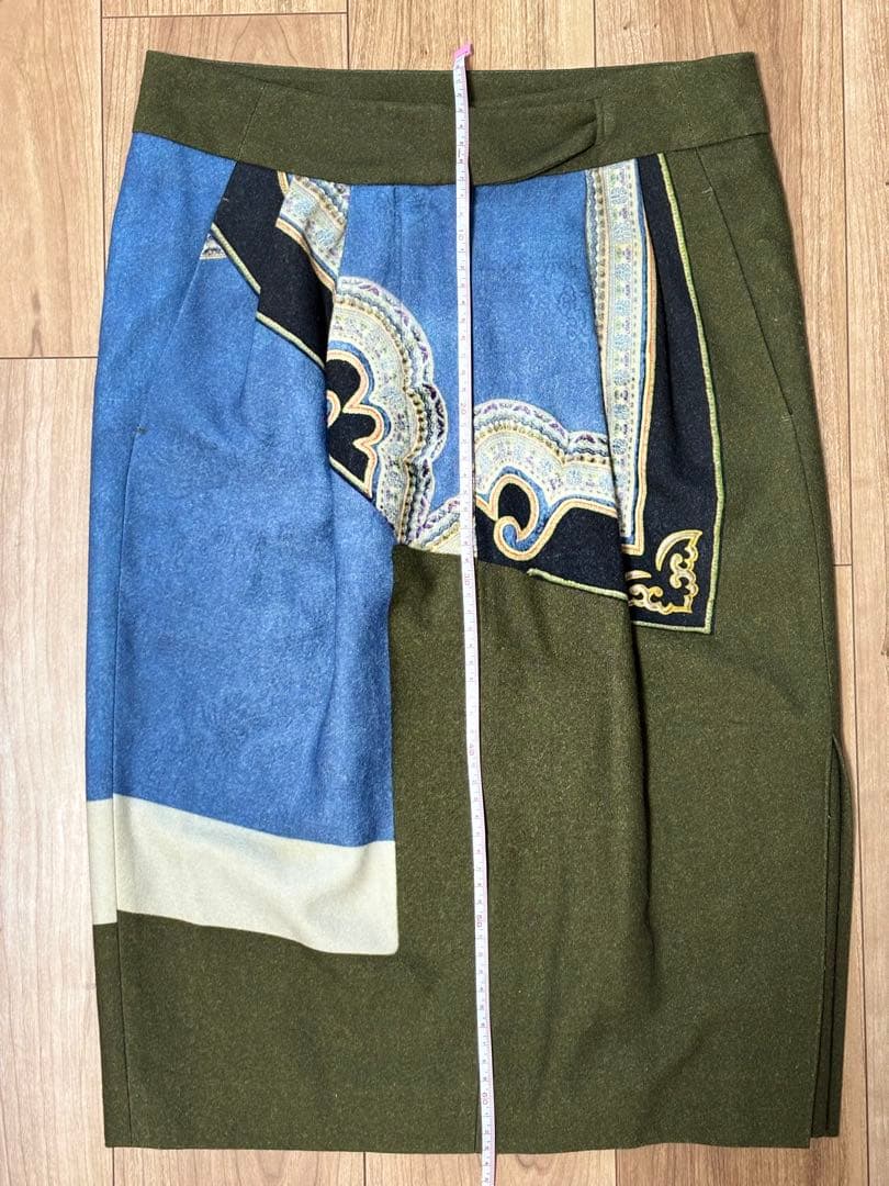 DRIES VAN NOTEN 秋冬グリーンスカーフ柄　ひざ丈タイトスカート