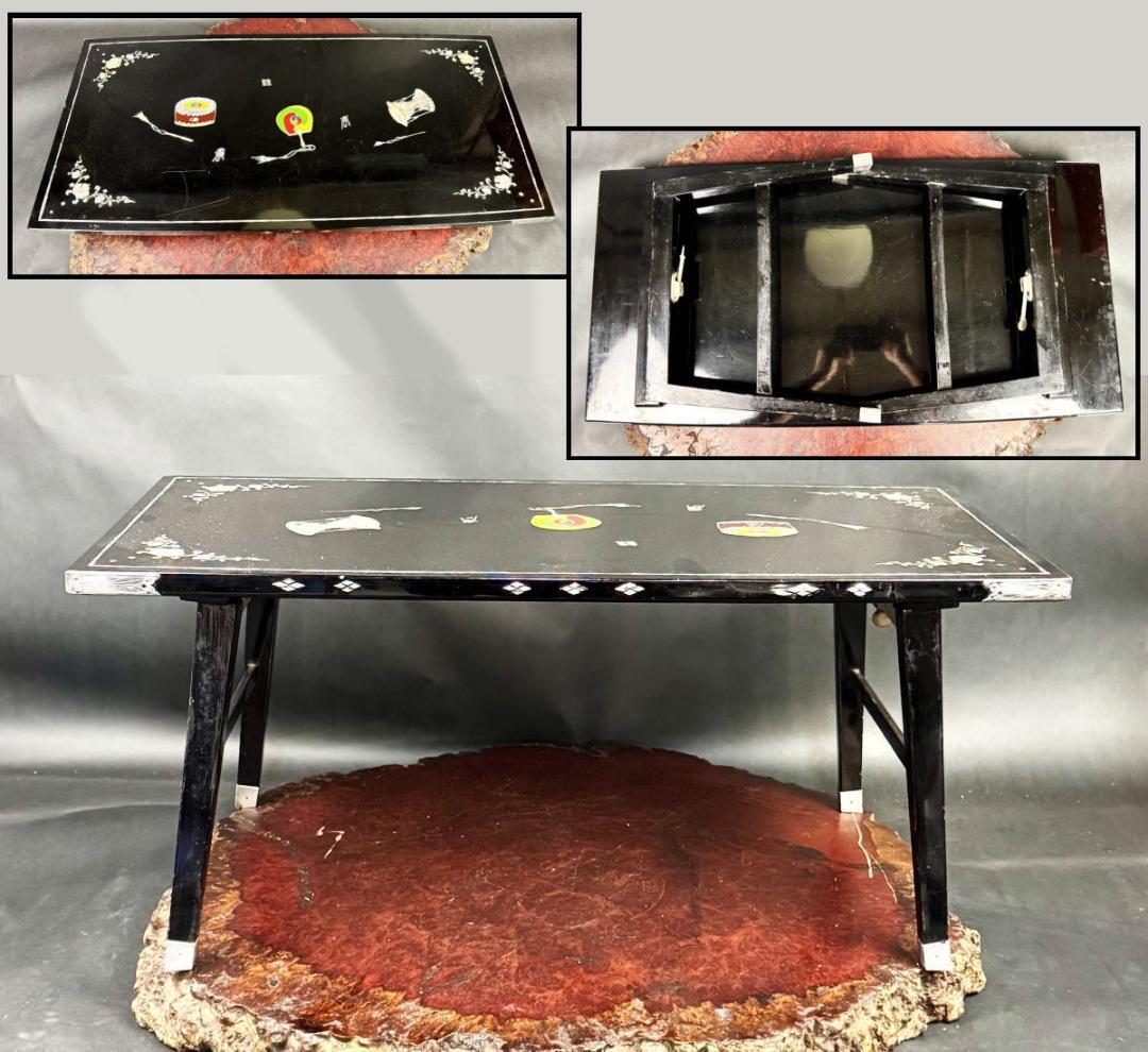 時代物 黒漆 木製青貝螺鈿装飾折り畳み式座卓 伝統工芸 唐木 茶道WWWT115