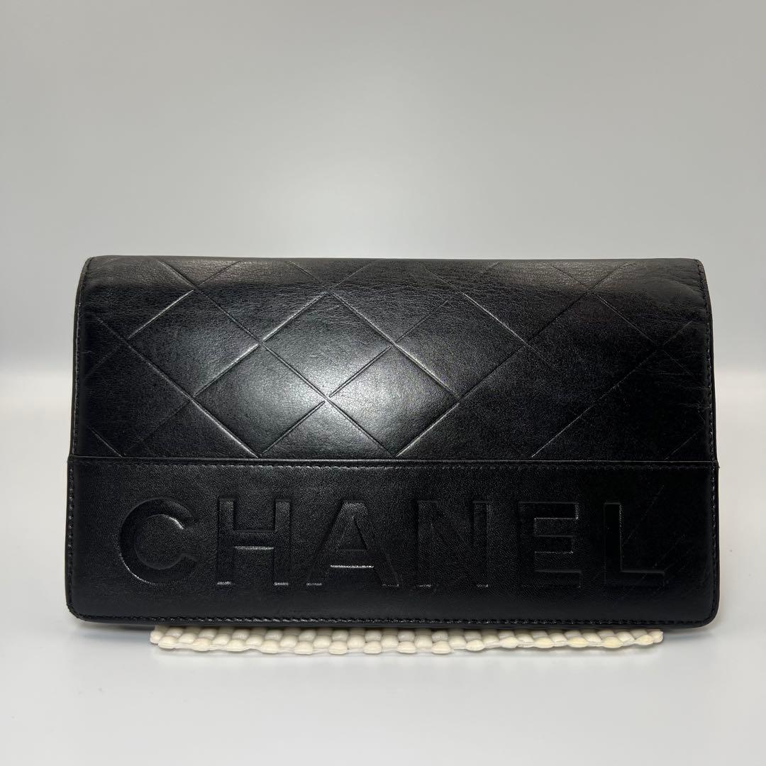 CHANEL マトラッセ ラムスキン ビッグロゴ 二つ折り長財布 黒