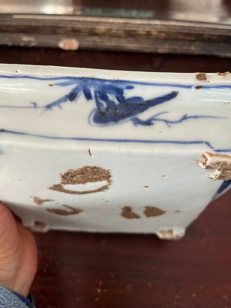 希少無傷　中国美術　明　天啓古染付　牛車に翁　紗綾紋　隅切角皿　古伊万里　清朝期