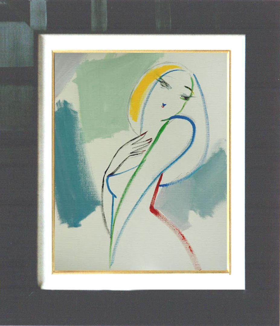 油絵 菅家令子 絵 絵画インテリア額付(青緑＋金色の枠) F6-082611女性