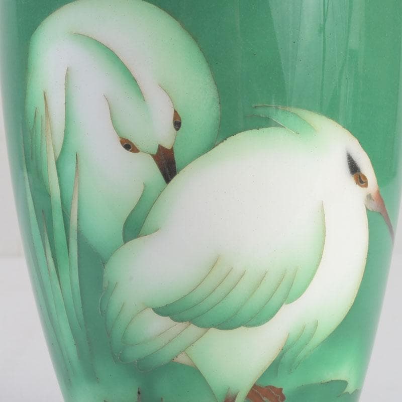 七宝焼　緑釉　双鳥文　花瓶　唐木台付　共箱　V　9586