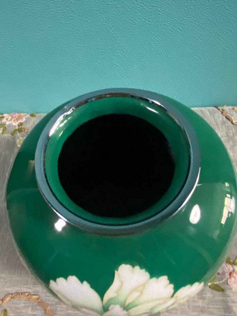 七宝焼花瓶　グリーン牡丹　20cm