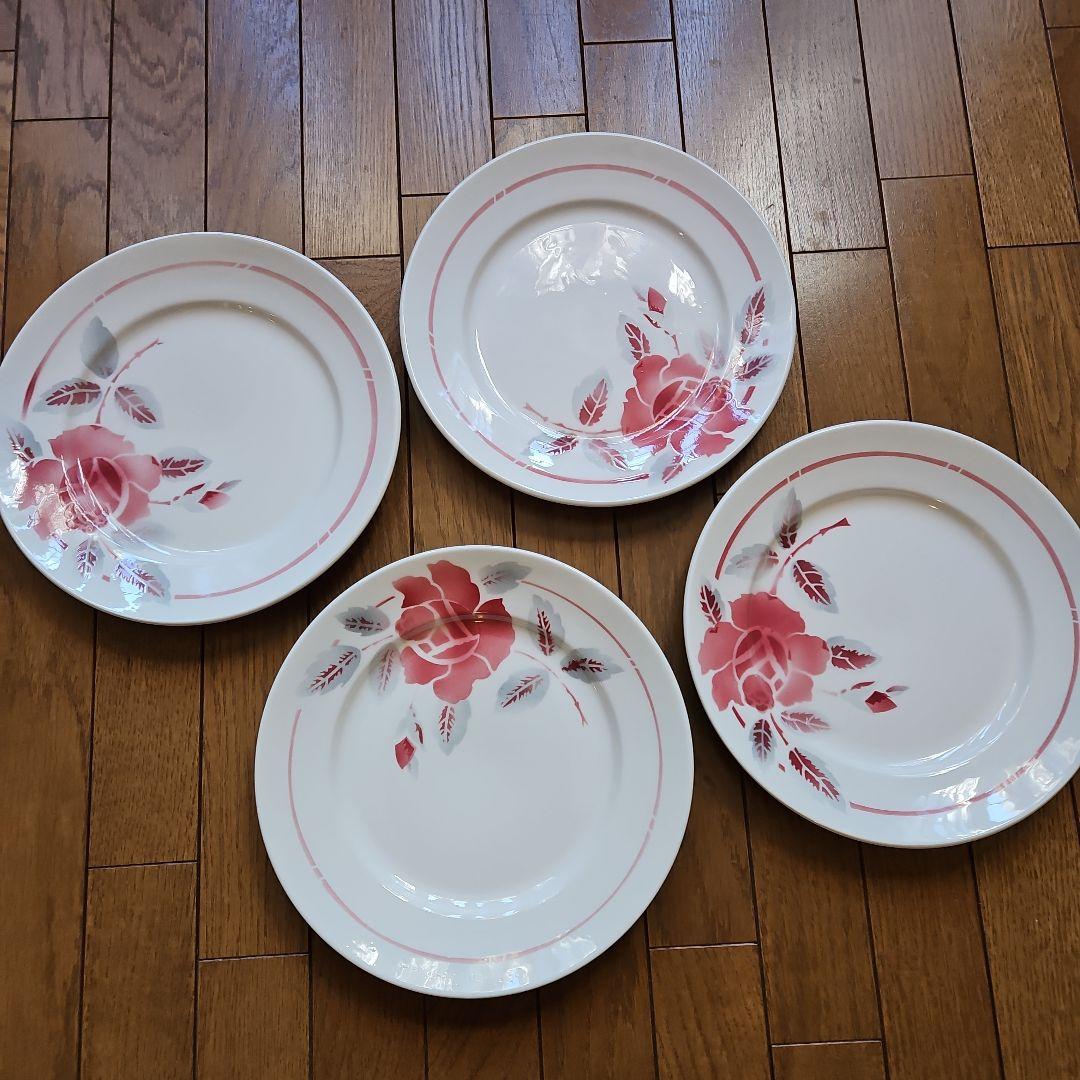 ローズ柄プレート 4枚セット ムーラン・デ・ルー製　フランス蚤の市　美品