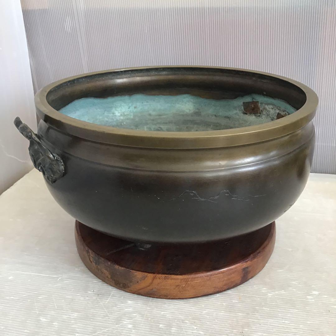 茶道具　灰炉　銅製　木製台•底瓦•前瓦•灰ならし具付　配送用箱　S233HR